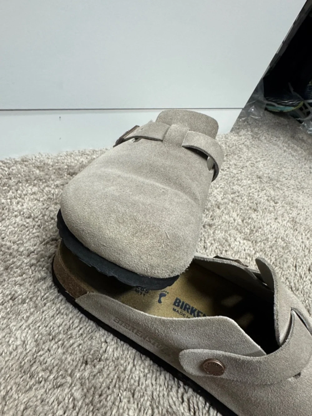 Birkenstock Suede Clog Mule in Taupe with Metallic Buckle